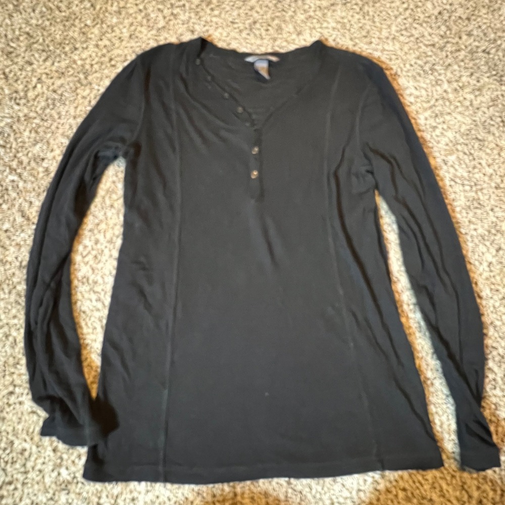 H&M Black Ribbed Henley Long Sleeve Top Tencel Lyocell Blend Small